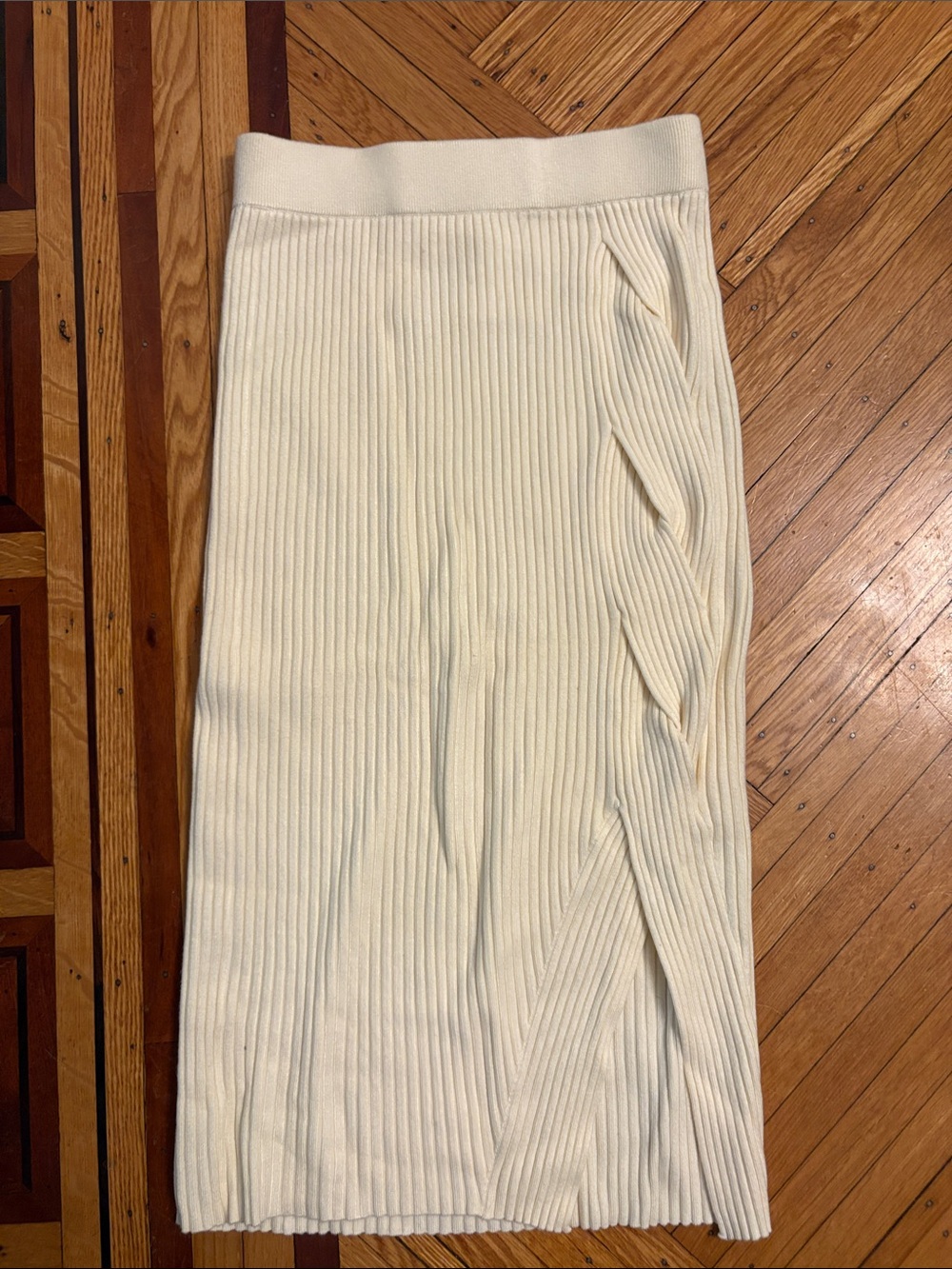 Cream Ribbed Knit Midi Skirt